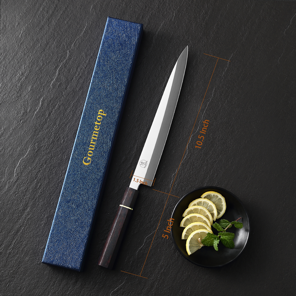 Sushi Knife Japanese Sashimi Knife 10.5 Inch, Japanese Yanagiba Knife VG10 Superior Steel Single Bevel Slicing Knife with Premium Octagonal Ebony Handle, Carving Sets Knife