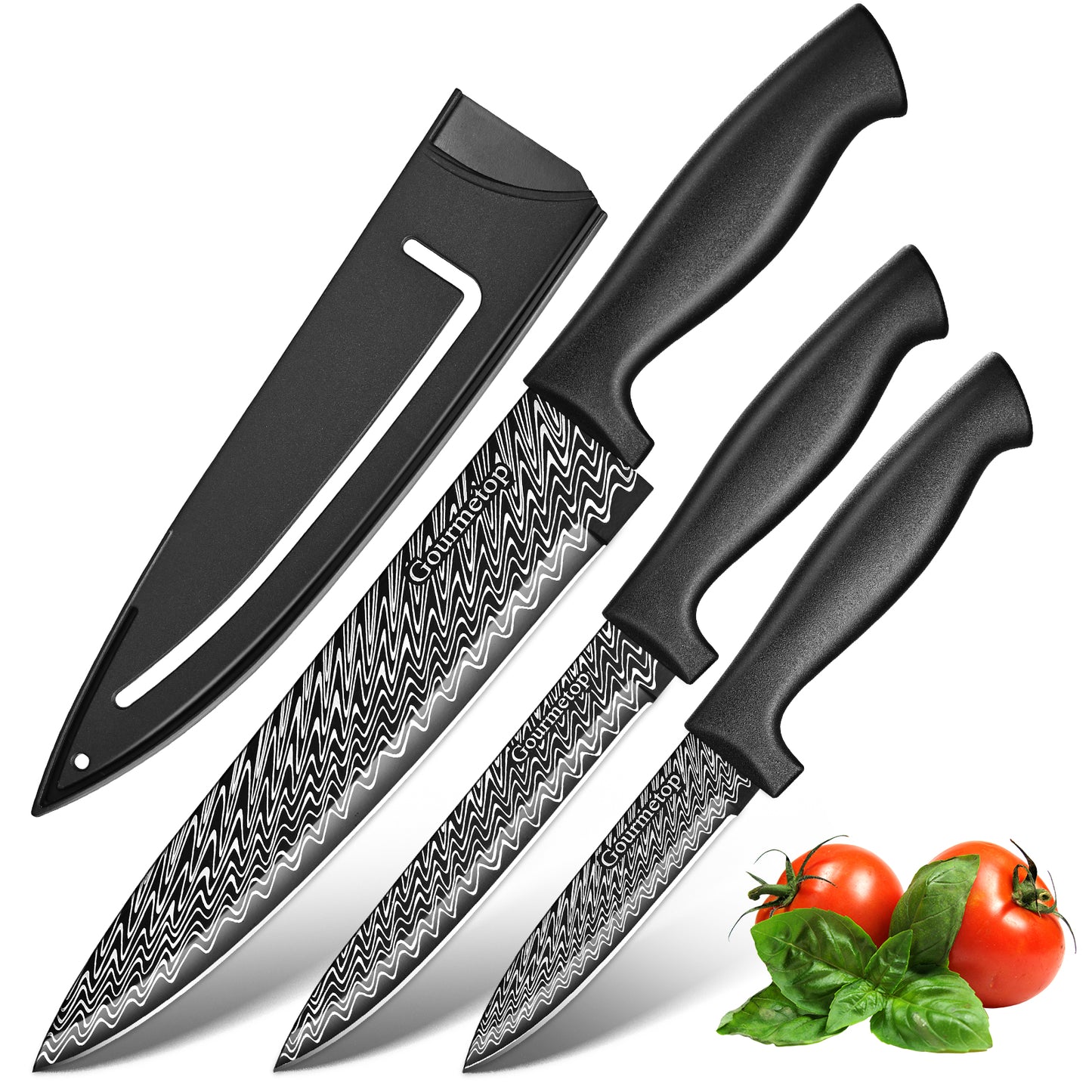 3 Pcs Kitchen Knife Set with Cover, Black Knives Set for Kitchen Stainless Steel, Damascus Pattern Chef Knife set with Sheath, Sharp Cutting Knives for Cooking