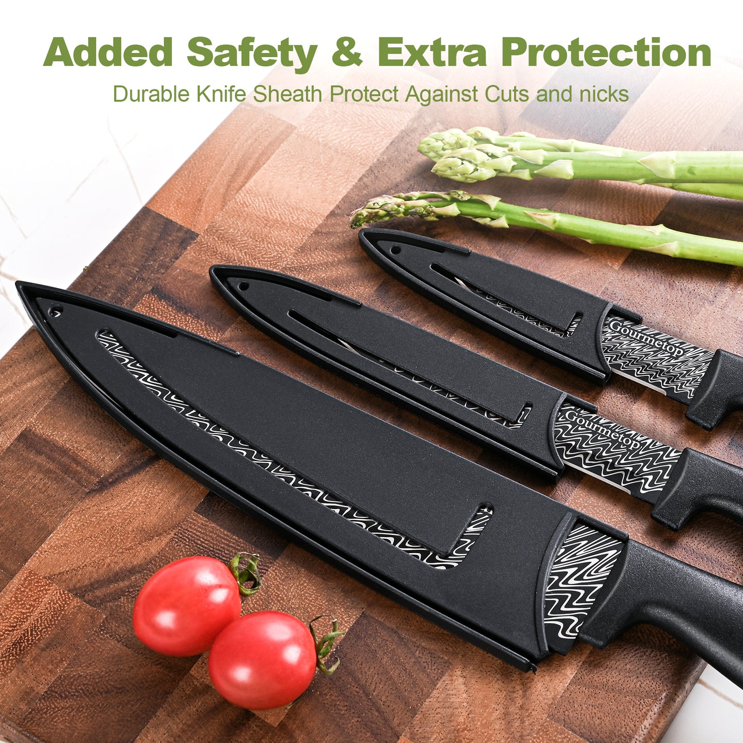 3 Pcs Kitchen Knife Set with Cover, Black Knives Set for Kitchen Stainless Steel, Damascus Pattern Chef Knife set with Sheath, Sharp Cutting Knives for Cooking