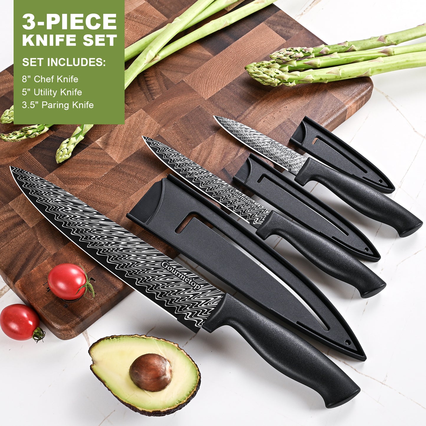 3 Pcs Kitchen Knife Set with Cover, Black Knives Set for Kitchen Stainless Steel, Damascus Pattern Chef Knife set with Sheath, Sharp Cutting Knives for Cooking