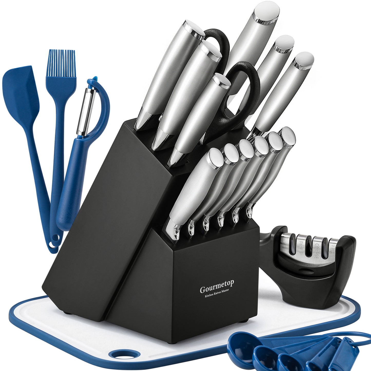 Knife Set, 20 Pcs Kitchen Knife Set with Block, Sharpener, Cutting Board & Essential Gadget. Sharp Stainless Steel Knives Set for Kitchen Cooking, Knife Block Set Dishwasher Safe