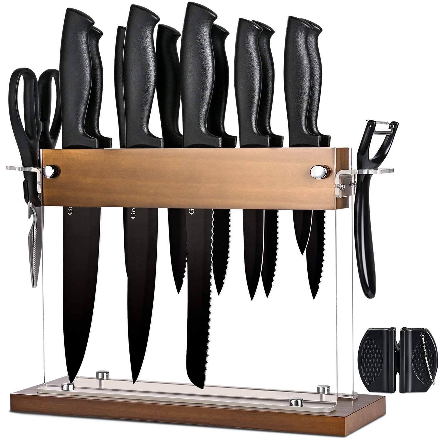 Kitchen Knife Set with Block 15 pcs, Black Knife Set with Block and Sharpener, Sharp Knife Block Set with Wood Acrylic Stand, Stainless Steel Knives set for Kitchen Cooking