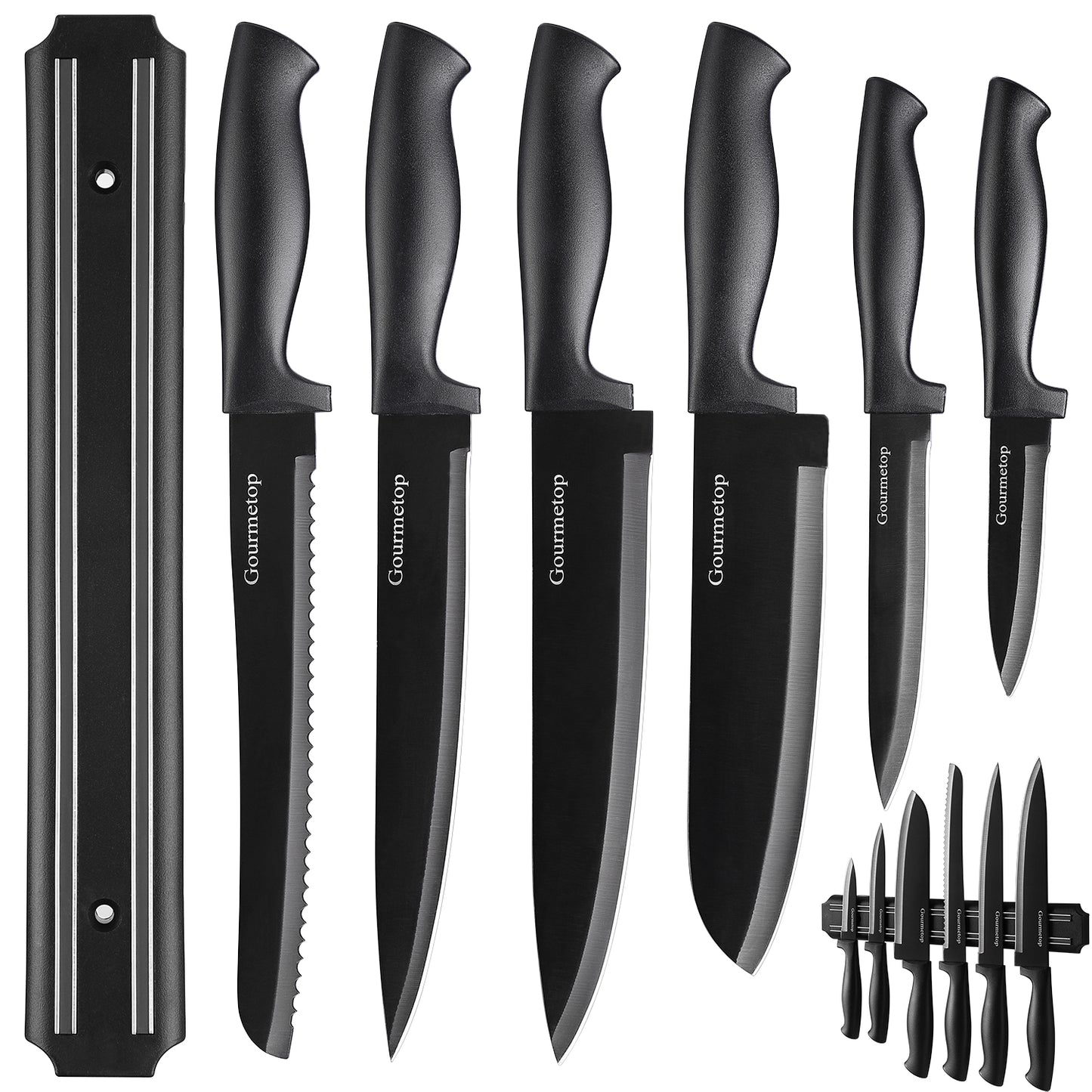 Kitchen Knife Set with No Drilling Magnetic Strip for Kitchen Black Titanium Small Cooking Knives, Sharp Stainless Steel Chef Knife Set for Cutting Meat & Vegetable