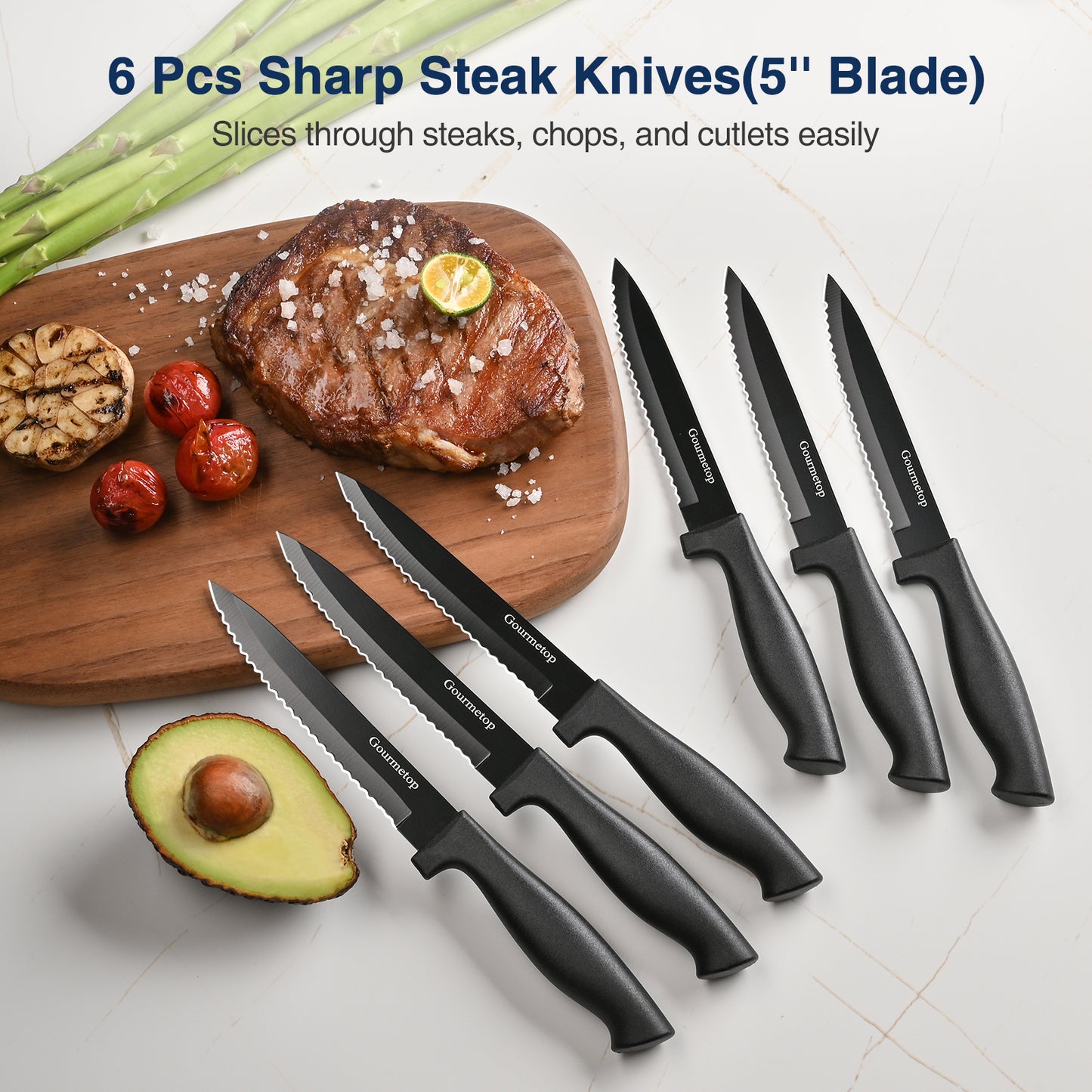 Kitchen Knife Set with Block 15 pcs, Black Knife Set with Block and Sharpener, Sharp Knife Block Set with Wood Acrylic Stand, Stainless Steel Knives set for Kitchen Cooking