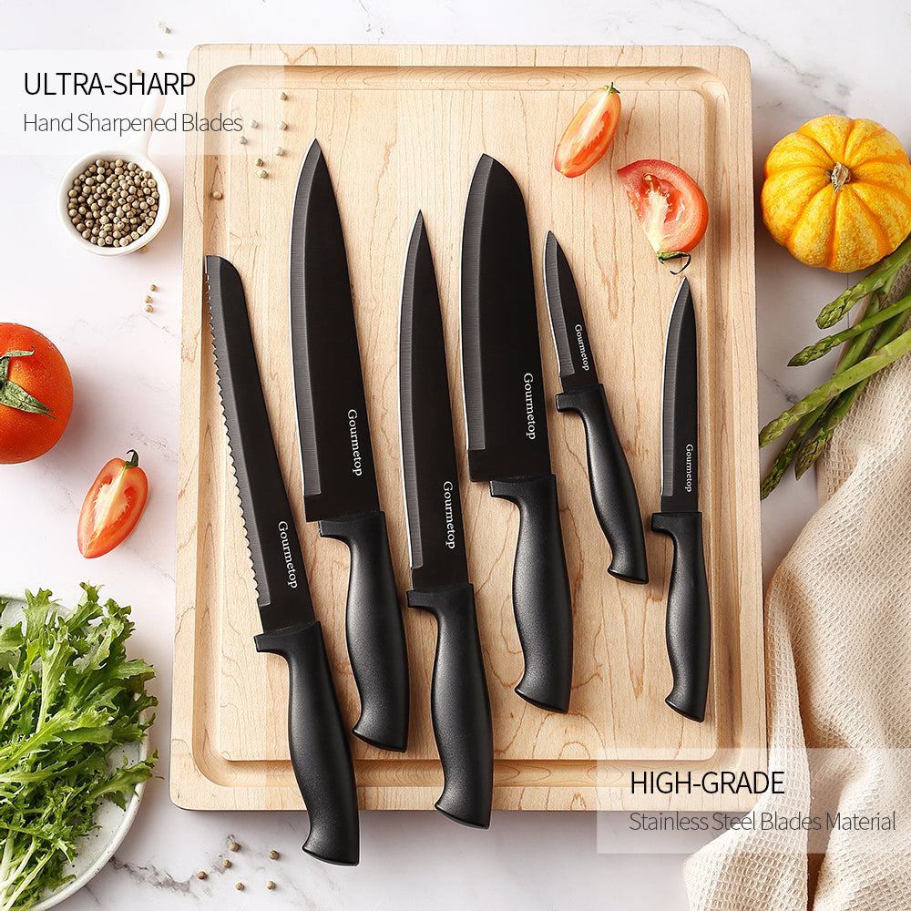 Kitchen Knife Set with No Drilling Magnetic Strip for Kitchen Black Titanium Small Cooking Knives, Sharp Stainless Steel Chef Knife Set for Cutting Meat & Vegetable