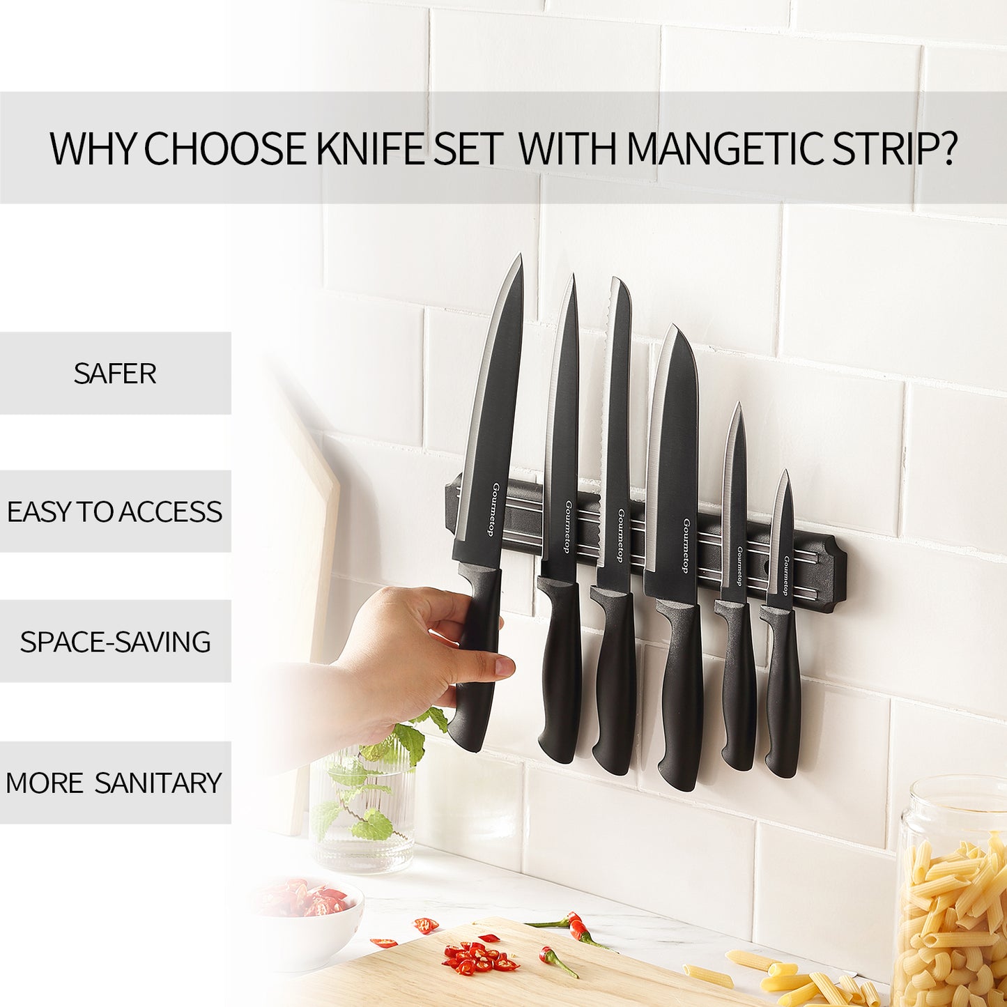 Kitchen Knife Set with No Drilling Magnetic Strip for Kitchen Black Titanium Small Cooking Knives, Sharp Stainless Steel Chef Knife Set for Cutting Meat & Vegetable