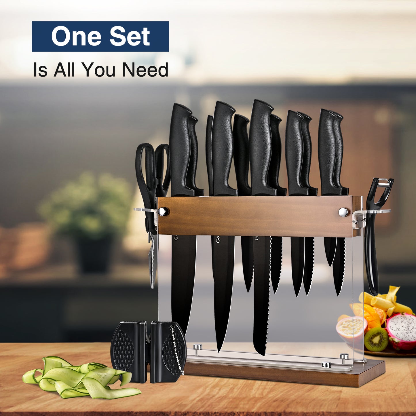 Kitchen Knife Set with Block 15 pcs, Black Knife Set with Block and Sharpener, Sharp Knife Block Set with Wood Acrylic Stand, Stainless Steel Knives set for Kitchen Cooking