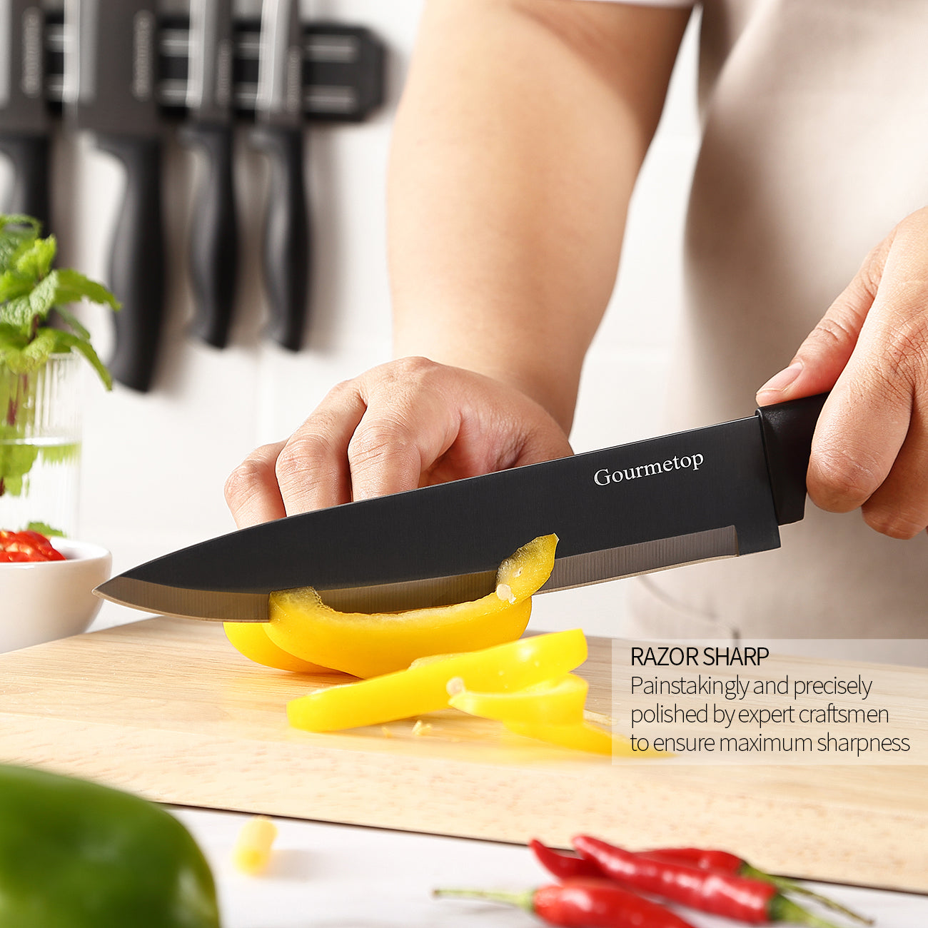 Kitchen Knife Set with No Drilling Magnetic Strip for Kitchen Black Titanium Small Cooking Knives, Sharp Stainless Steel Chef Knife Set for Cutting Meat & Vegetable