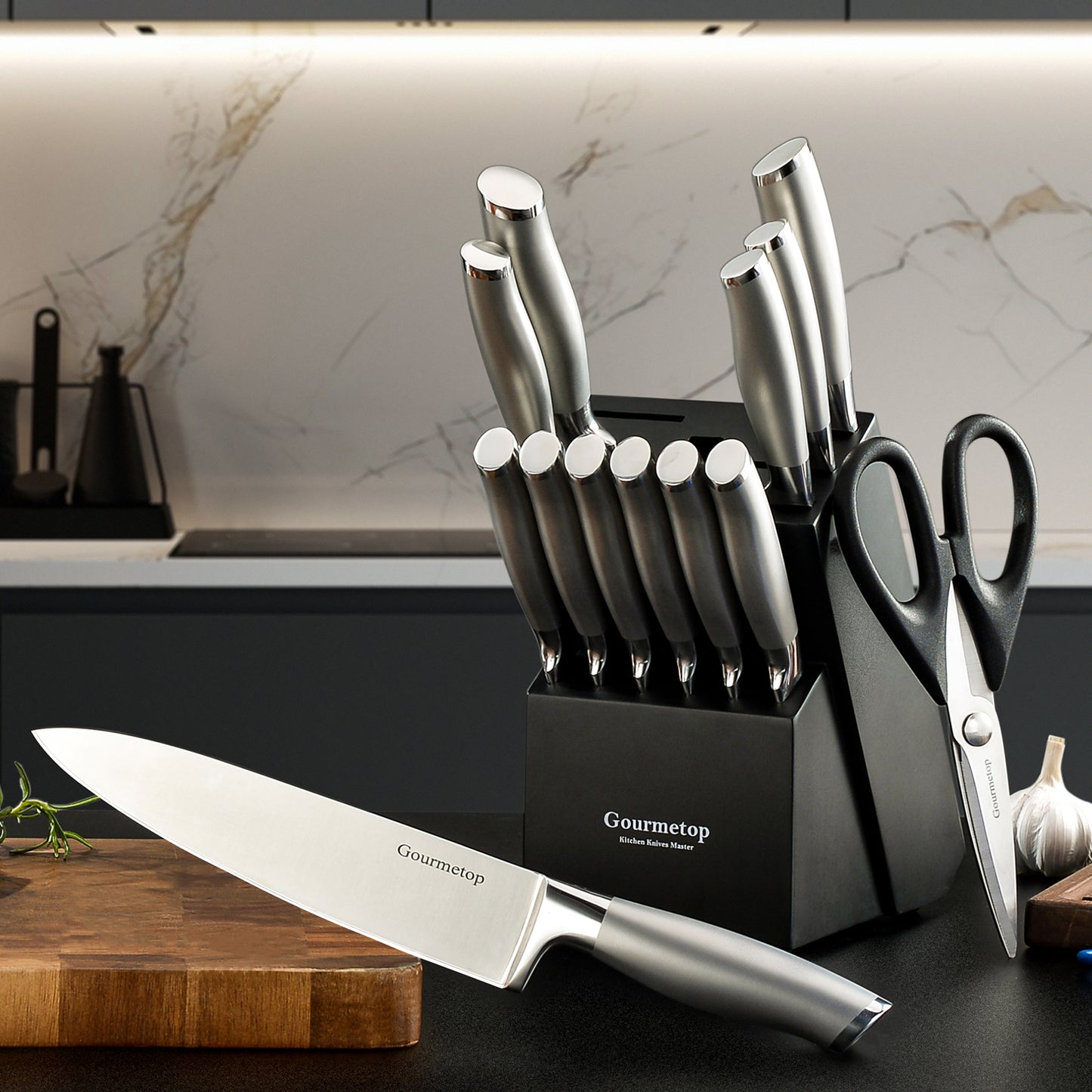 Knife Set, 20 Pcs Kitchen Knife Set with Block, Sharpener, Cutting Board & Essential Gadget. Sharp Stainless Steel Knives Set for Kitchen Cooking, Knife Block Set Dishwasher Safe