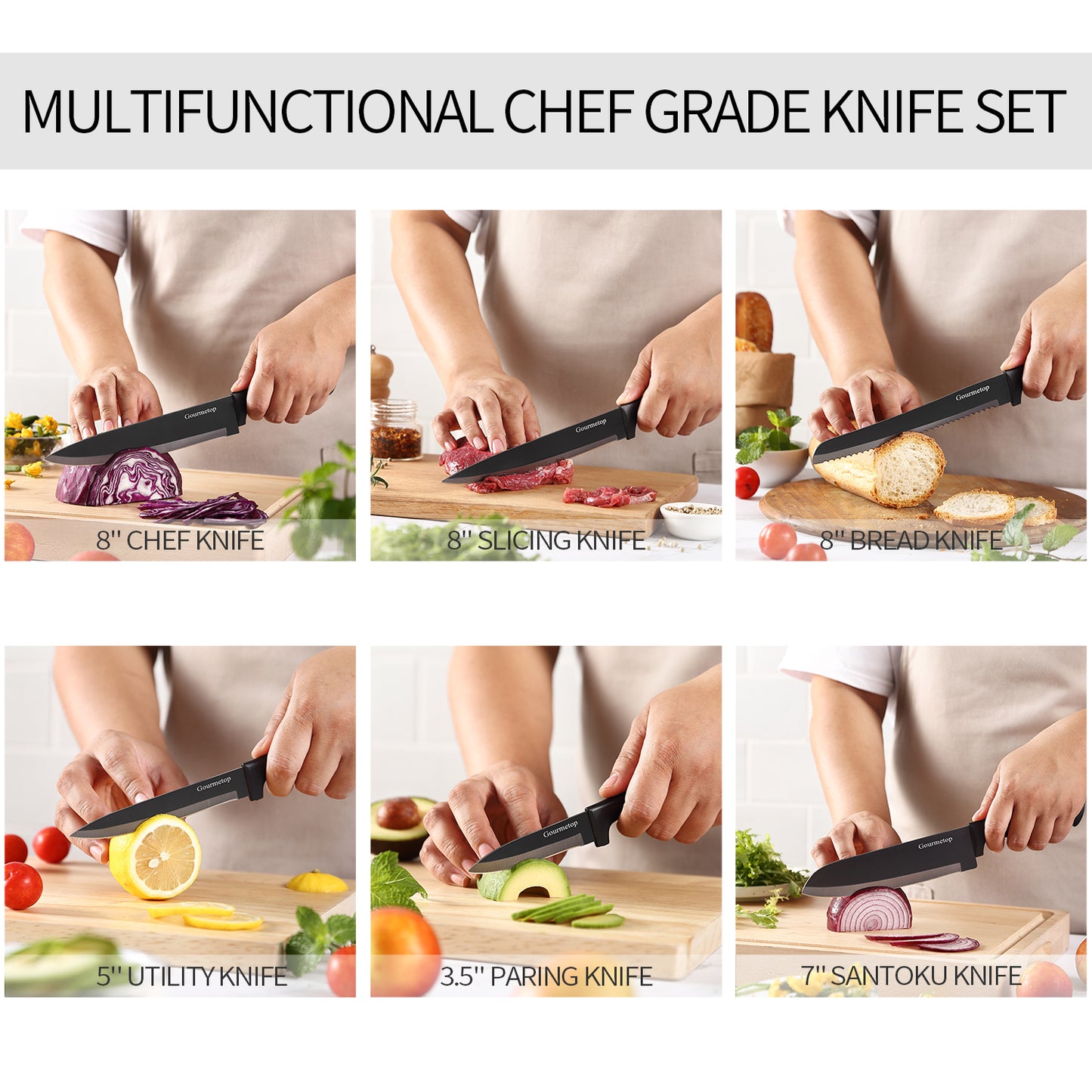 Kitchen Knife Set with No Drilling Magnetic Strip for Kitchen Black Titanium Small Cooking Knives, Sharp Stainless Steel Chef Knife Set for Cutting Meat & Vegetable